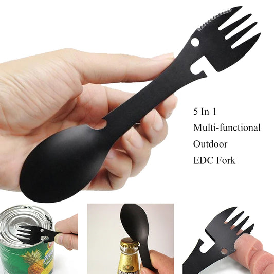 Outdoor Survival Tool 5 in 1 Camping Multi-functional Practical Fork Knife Spoon Bottle/Can Opener