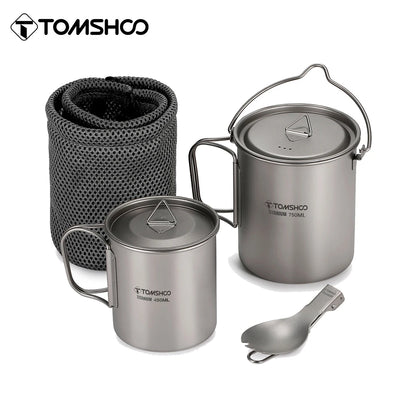 3 PCS Titanium Cookware Set Ultralight 750ml Pot 450ml Water Cup Mug w Lid Folding Spork