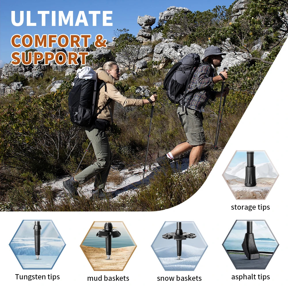 Trekking Poles 2pcs Carbon Fiber Collapsible Telescopic Sticks Lightweight Walking Hiking Stick Climbing Stick